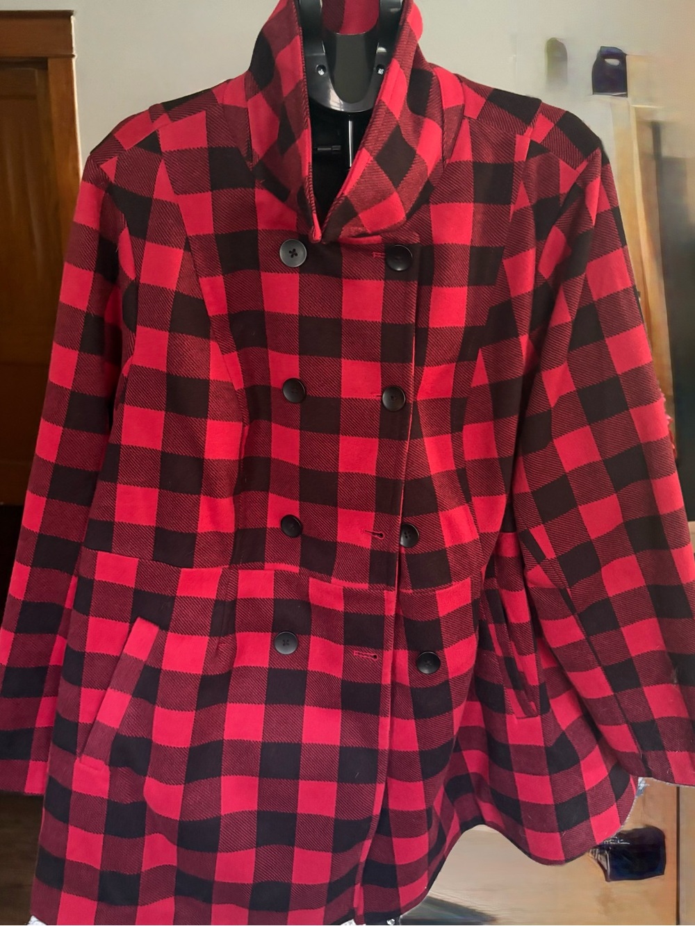 Torrid Size 4/26 Red Black Buffalo Plaid Double Breasted Coat Jacket